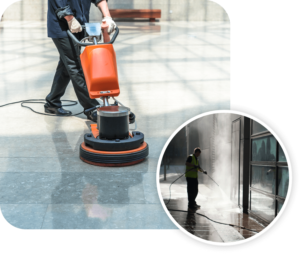 A man is cleaning the floor with a machine