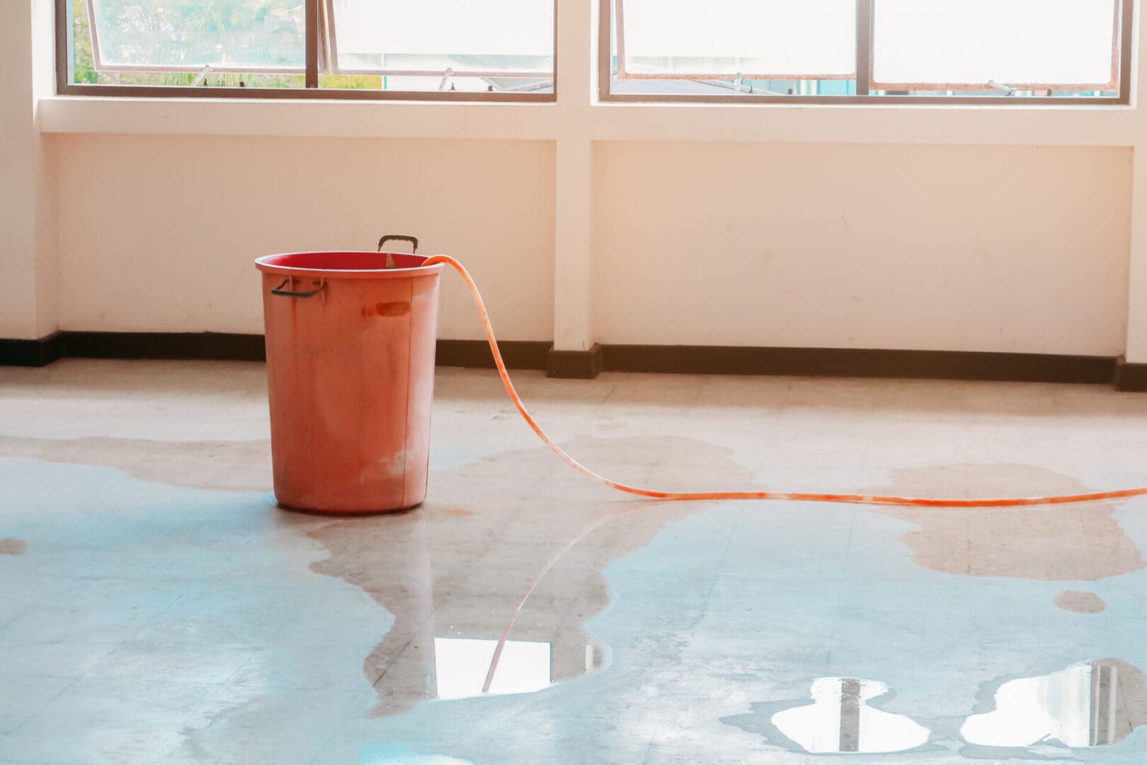 A bucket and hose in the middle of a floor.