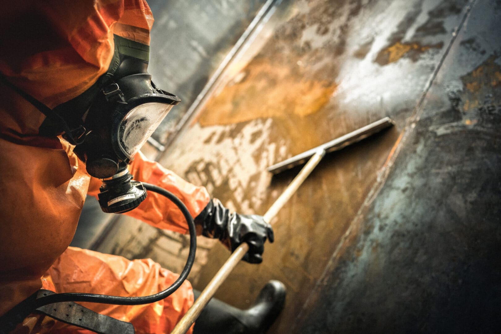 A person in orange and black working on a floor.