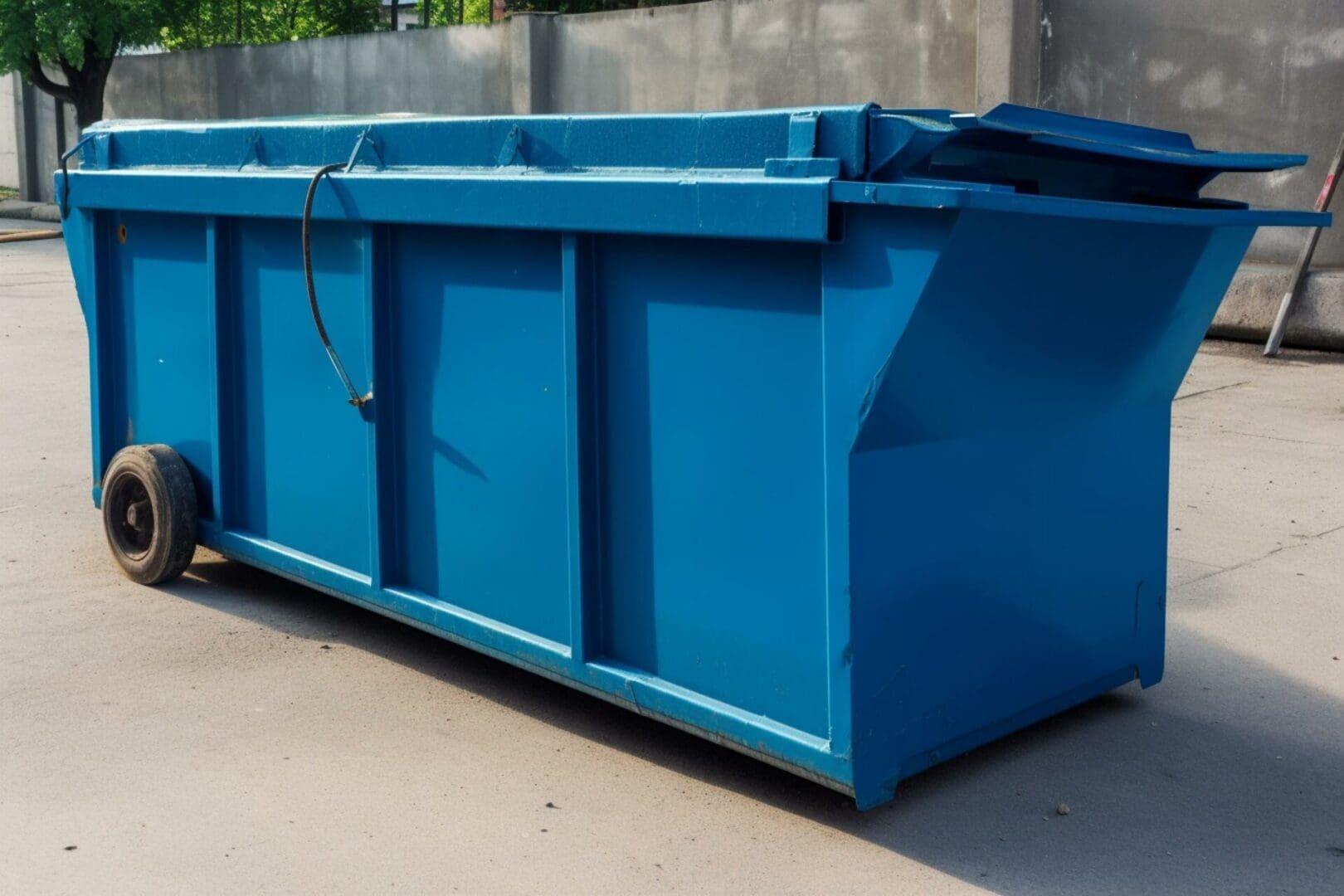 A blue dumpster sitting on the side of a road.