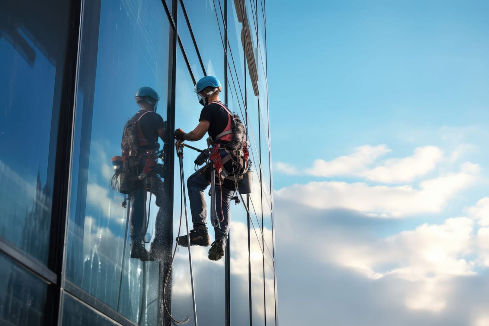 A man on a crane hanging from the side of a building.