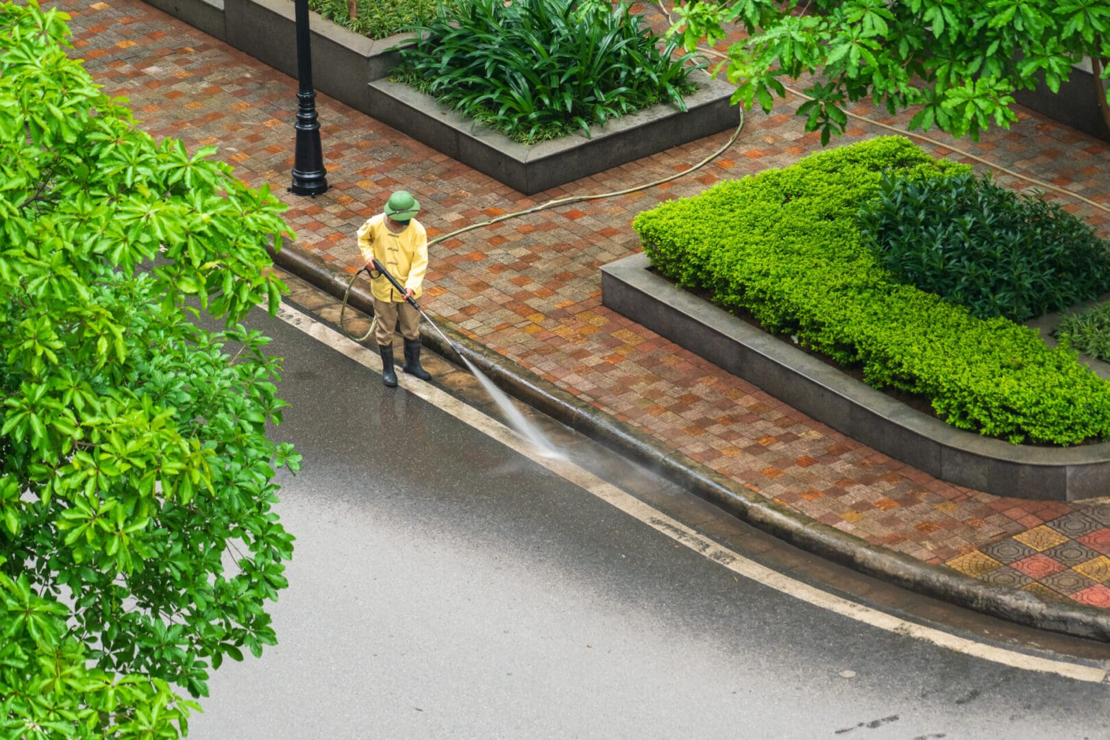 A person standing on the side of a road near bushes.